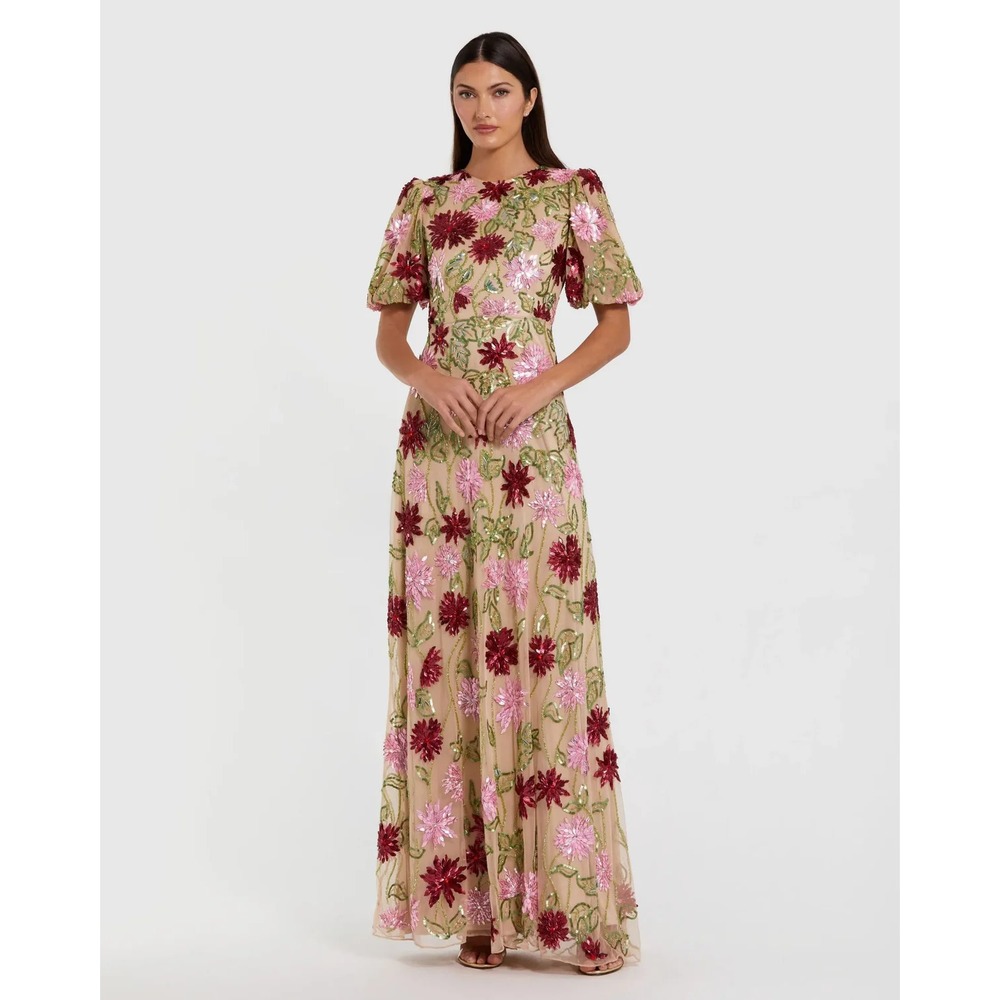 NWT Mac‎ Duggal [ 10 ] 6125 Floral Beaded Mesh Puff Sleeve Gown Nude Multi S2193